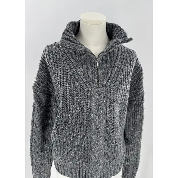 PrAna Womens Gray Cableknit Sweater Wool Blend Mock Neck 1/4 Zip M Cabincore - Picture 4 of 11
